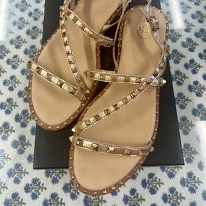 New Ash Gold Studded Cross Strap Leather Sandals Size 40/US 10
